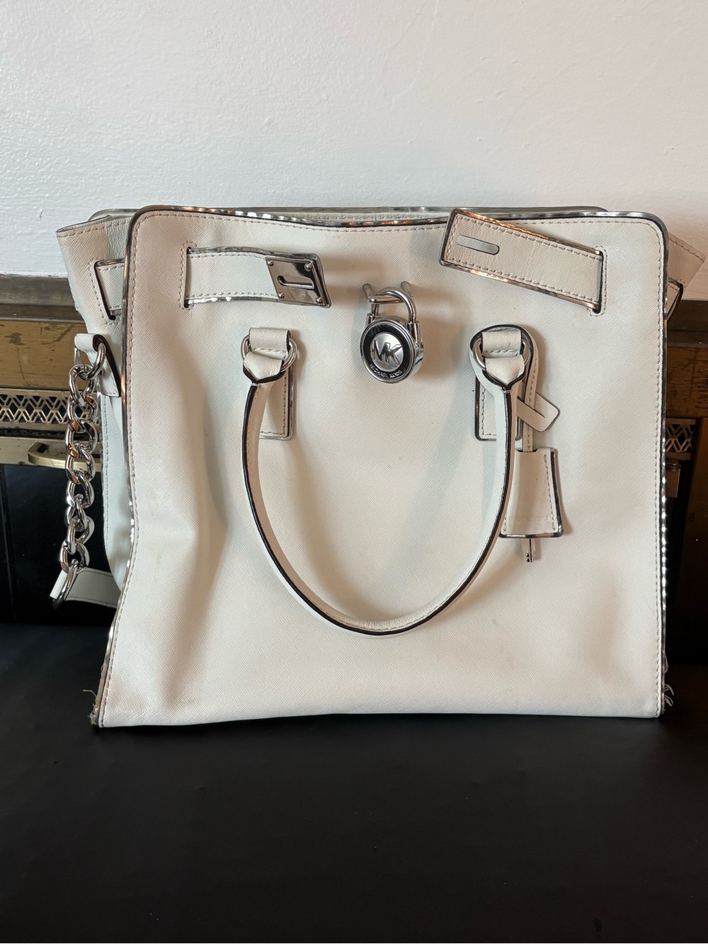 Michael Kors White Leather Satchel with Silver Accents